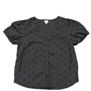 J.CREW Women's Eyelet Double Lined Floral Puff Sleeve Black Top Sz M